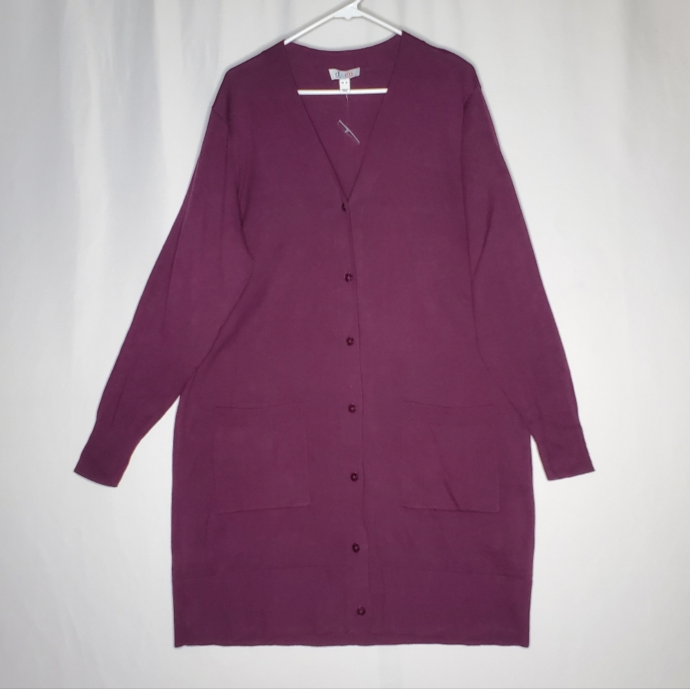 D&Co Duster Knit Cardigan Womens XL‎ Button V-Neck Pocket Longline Preppy Office